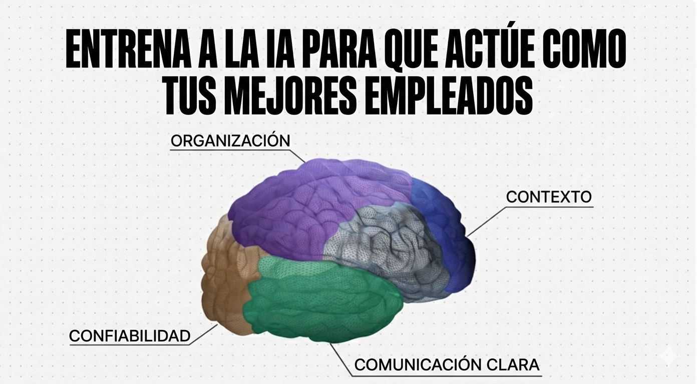 Cerebro 3D dividido en cuatro zonas de color que representan los pilares para entrenar IA como empleado: Organización (morado), Contexto (azul), Confiabilidad (café) y Comunicación Clara (verde)