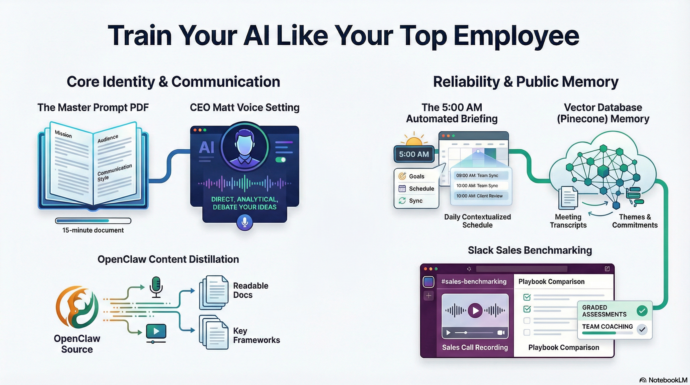 Infografía con los 5 sistemas de IA que usa Matt Verlaque para reemplazar tareas de empleados: Master Prompt, OpenClaw, briefing automatizado, memoria vectorial y evaluación de ventas