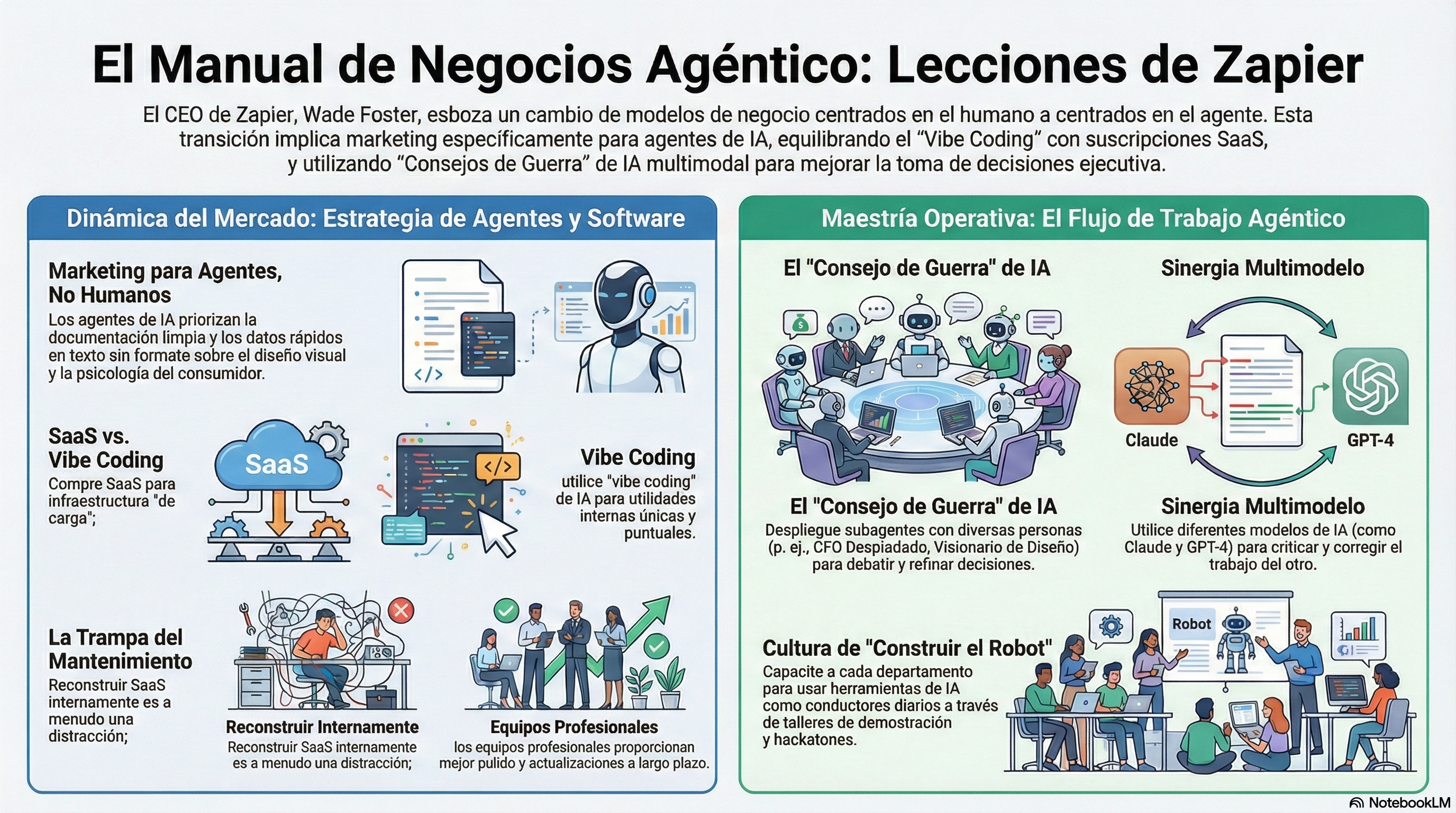 Infografía sobre Agent Marketing, War Council y CEO Co-pilot según Wade Foster de Zapier