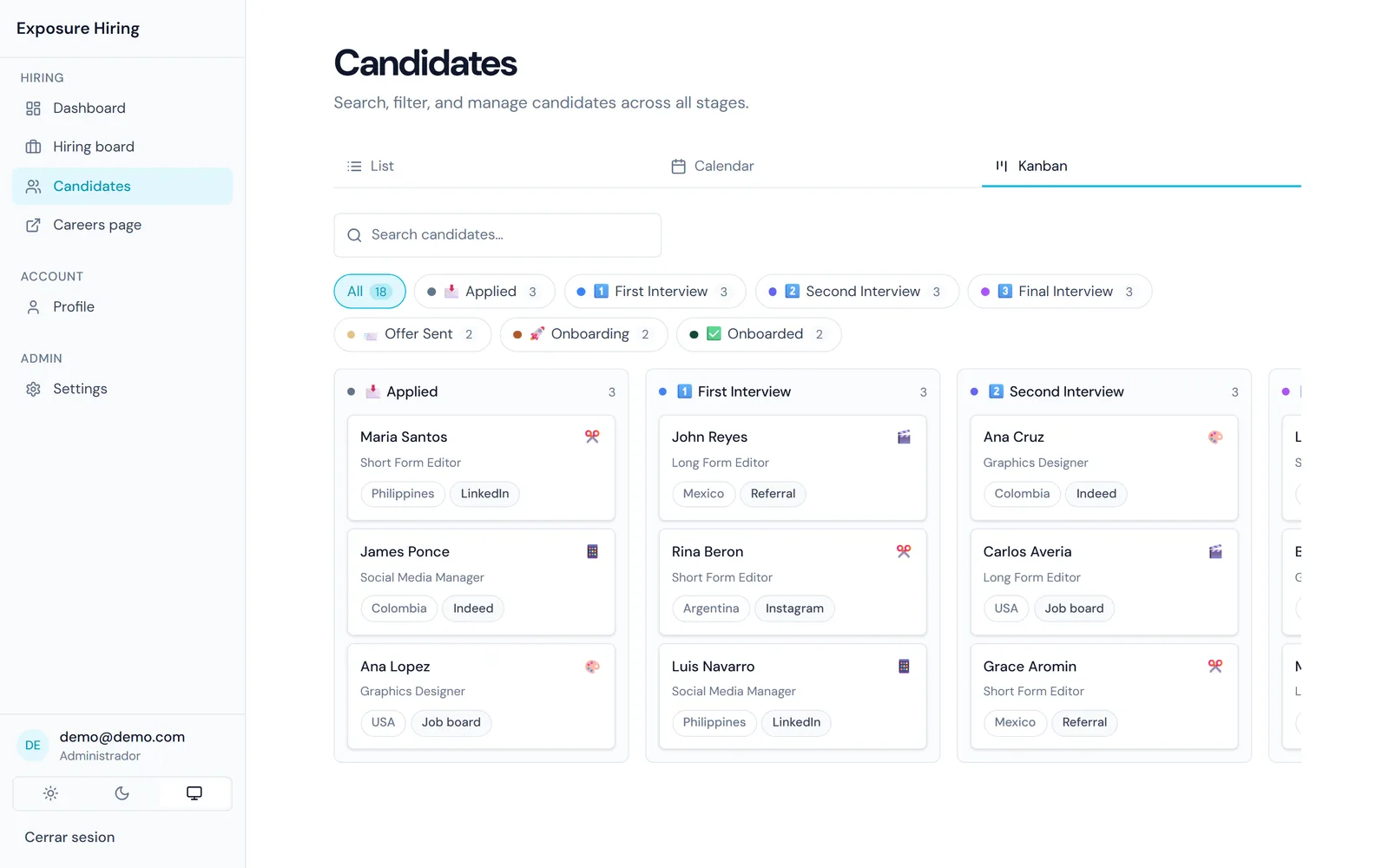 Tablero Kanban de candidatos por etapa, alimentado desde Airtable: aplicó, primera entrevista, segunda entrevista, con el puesto y el país de cada persona